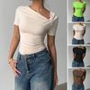 Women Shirt Short Sleeve Sloping Collar Commuting Style Casual Tops Slim Fit Pure Color Summer Tee Shirt