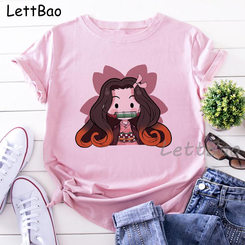 Nezuko Kimetsu No Yaiba Funny Graphic Pink T Shirts Women Vintage Anime Print Tee Shirt 90S
