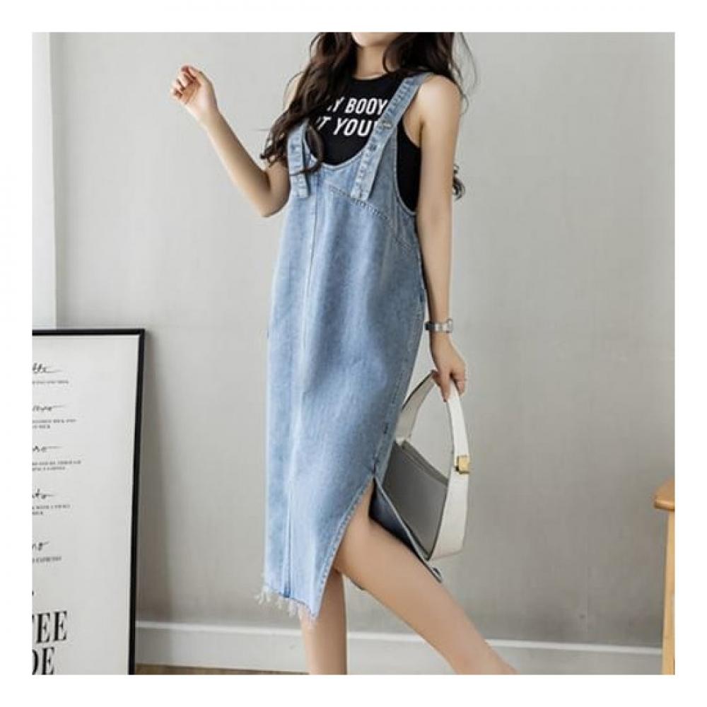 Navava Women No753 Split Hem Button Dungaree Denim Dress