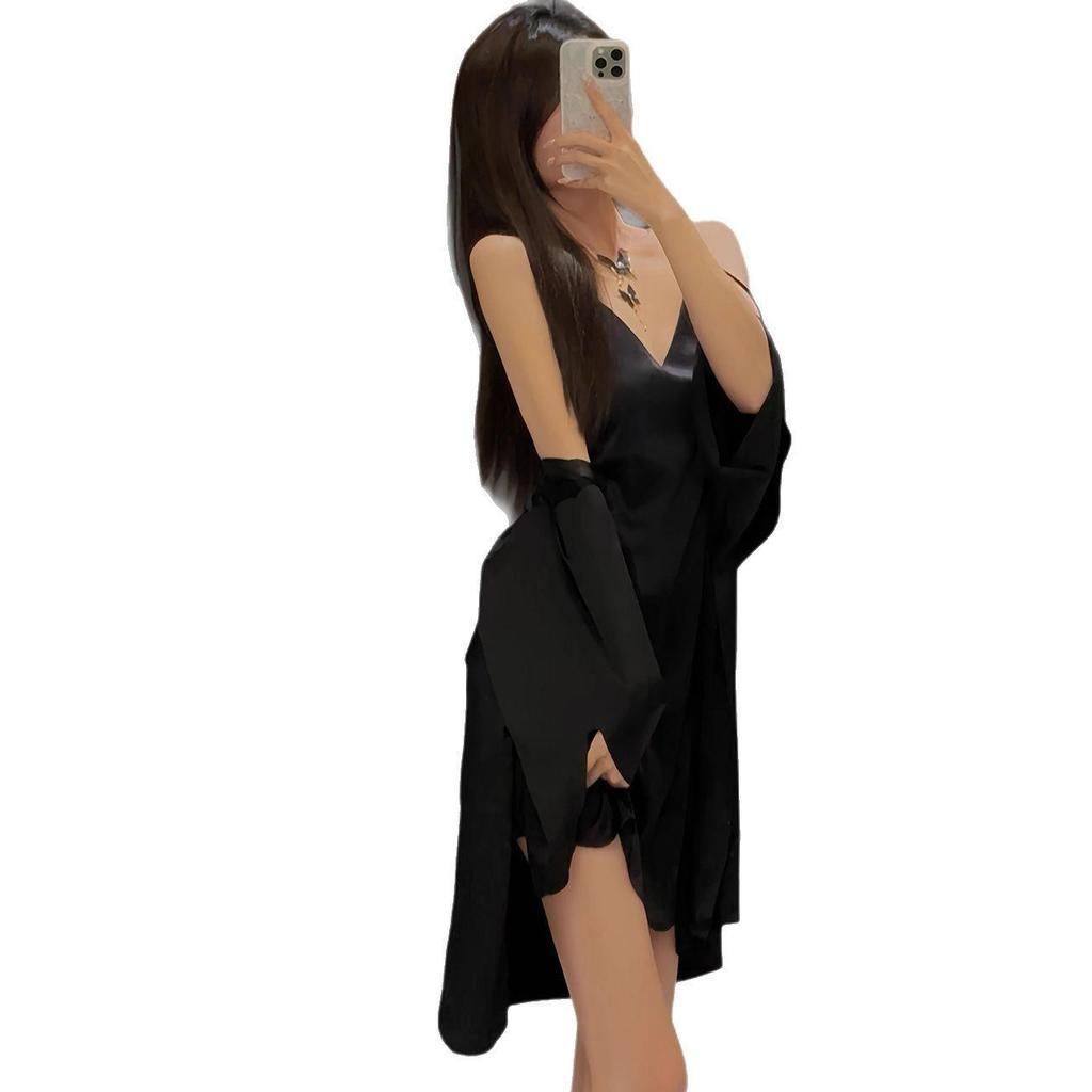 Damen Eis-Seide V-Ausschnitt Lang Pyjama-Set: Zweiteiliges ärmelloses Kleid & Überwurf für Frühling/Sommer.