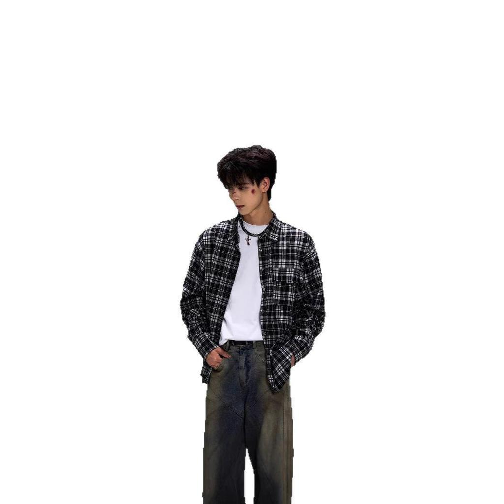 Men's Retro Black & White Checkered Long Sleeve Shirt Jacket - Casual Spring/Autumn Wear