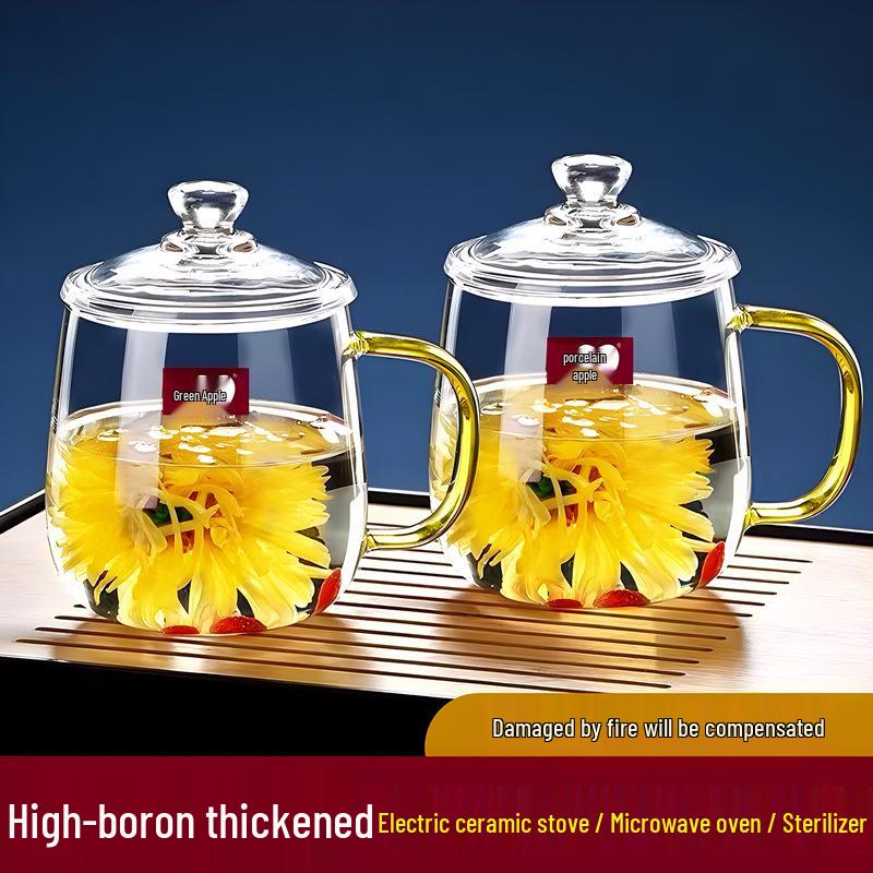 High Temp Resistant Borosilicate Glass Tea Cup with Lid & Handle for Men and Women - Stylish Design
