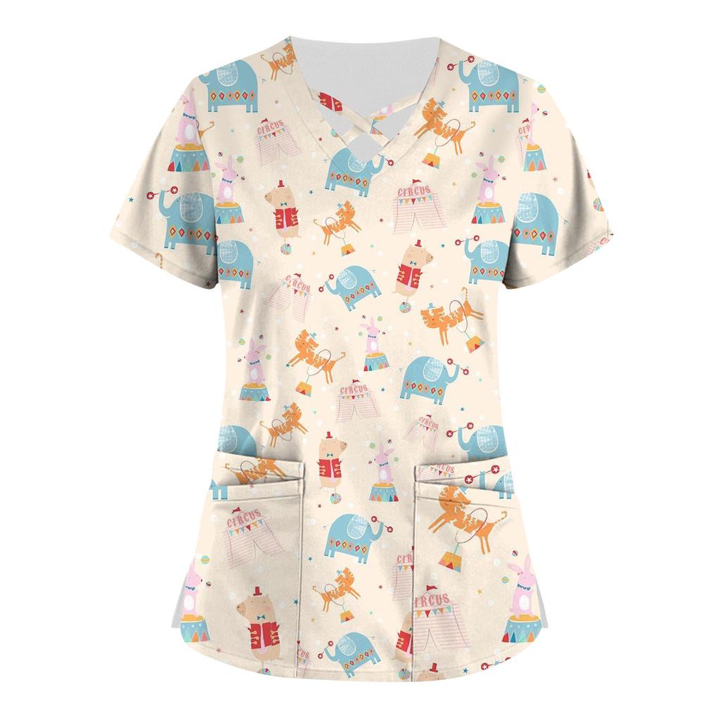 Plus Size Cute Printed Scrub Working Uniform Tops For Women Cross V-Neck Short Sleeve Fun T-Shirts Workwear Tee With Pockets