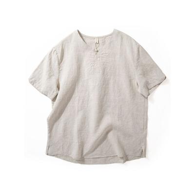 Linen Chinese-Style Button-Down Short-Sleeved T-Shirt for Men In Summer, Loose and Casual, Moisture-Absorbent and Breathable, Round Neck Half-Sleeve