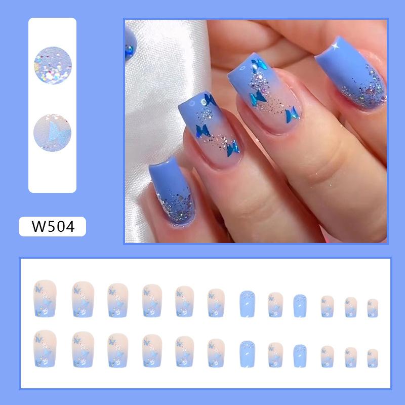 Fresh blue butterfly European square medium and long manicure cute small fresh fake nails European and American ins style manicure tablets
