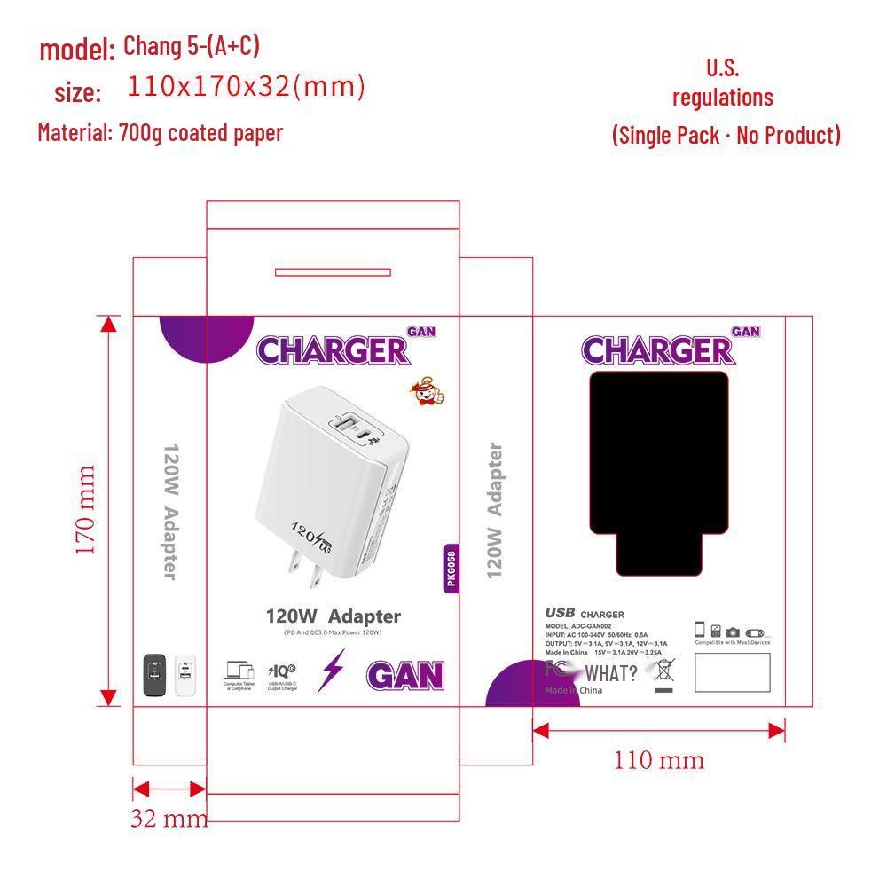 120W GaN Charger with A+C Ports, 65W Output, EU/US/UK Plug for Mobile Devices