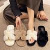 Xiaoxiangfeng square head flat bottom H fluffy slippers women's outer wear~ high sense fashion versatile home office one-word drag tide