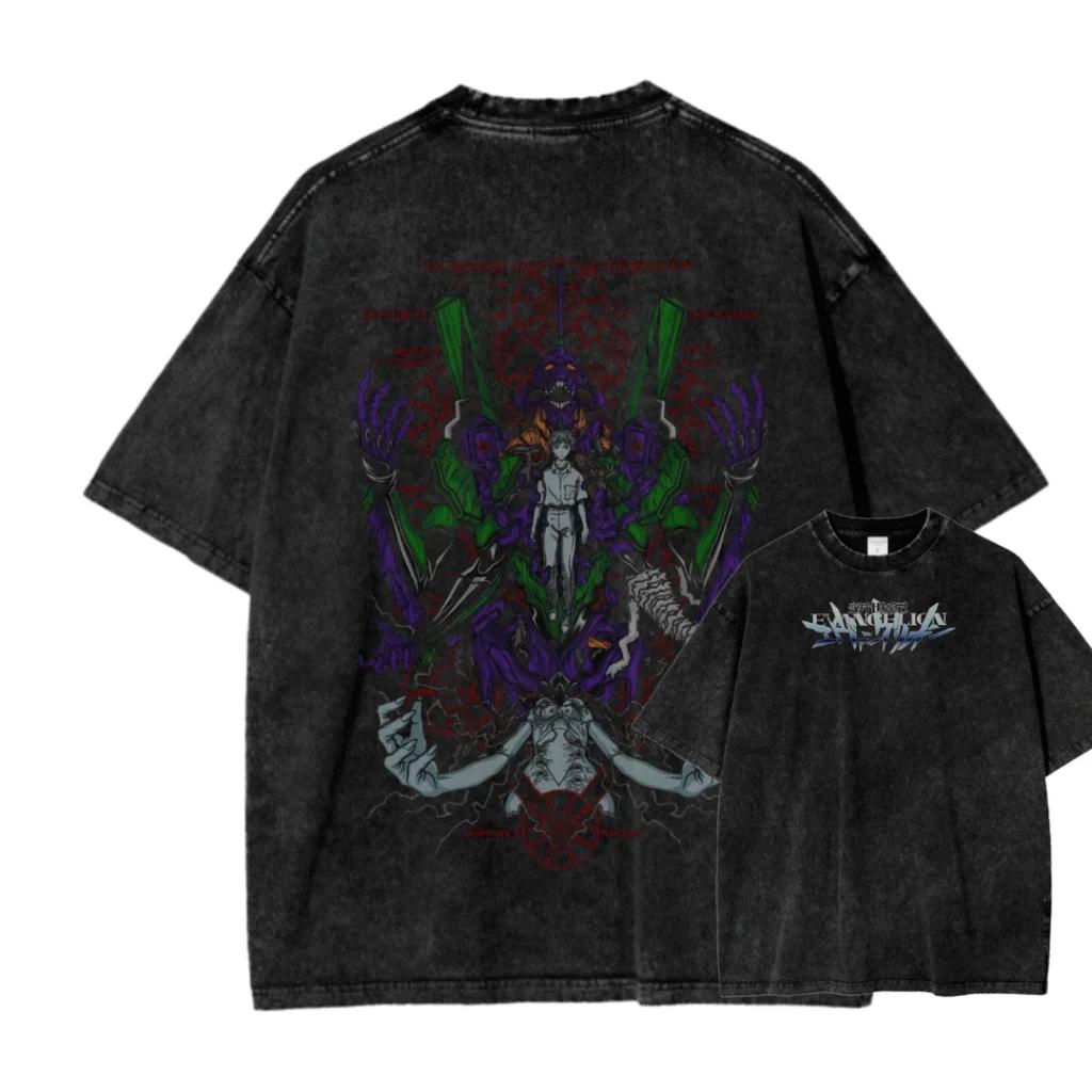 New ACID WASH TEE Neon Genesis Evangelion Printed Tshirt Mens and Womens Washed Tshirt High Quality Vintage Tshirt Top