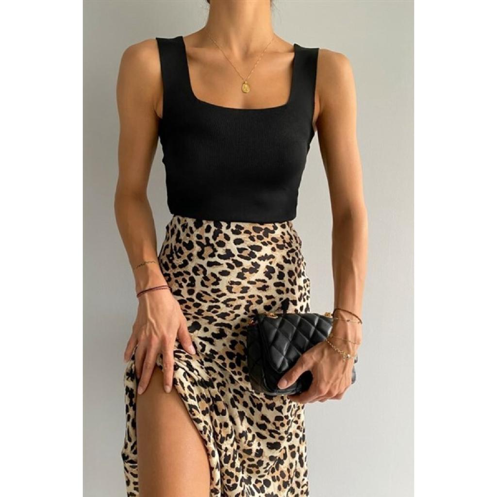 Leopard Pattern Satin Midi Length Brown Skirt