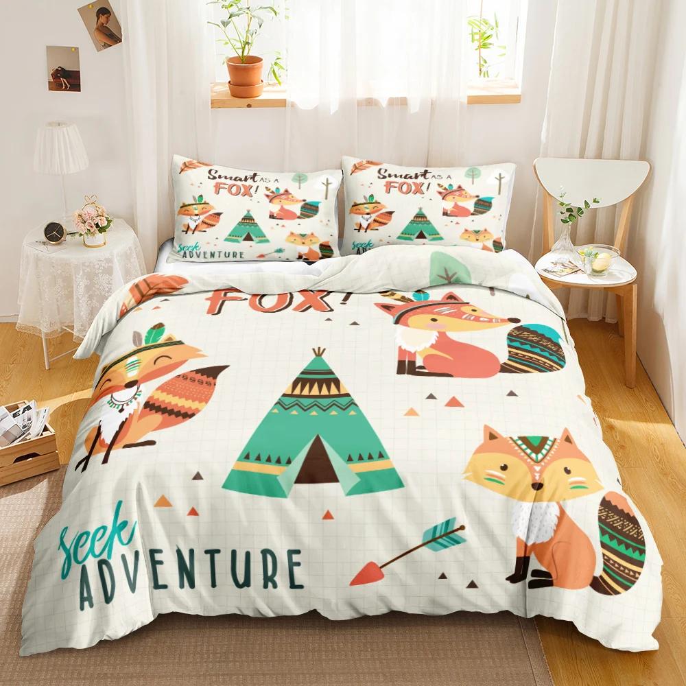 Cartoon Fox Bedding Set Cute Fox With Flower Feather Headband Duvet Cover Twin Full Queen King Polyester Duvet Cover Girls Boys