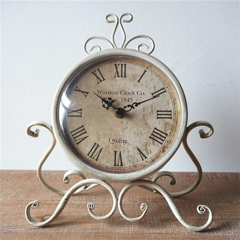 A25F-Vintage Retro Iron Ornament Battery Operated Silent Table Clock For Home Bedroom Living Room Office Decor