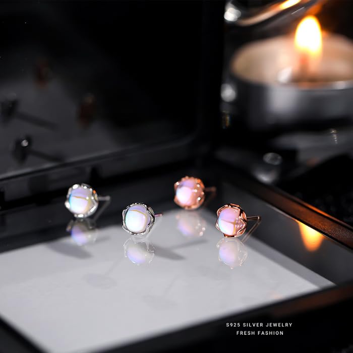 Women's Synthetic Moonstone Earrings, June Birthstone, Single Power Stone, Hypoallergenic, Silver 925, Pink Gold, Simple, Gift for Her