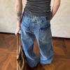 American Retro Paris Buckle Bamboo Pattern Jeans Boys New Ins Washed Loose Straight Scimitar Pants
