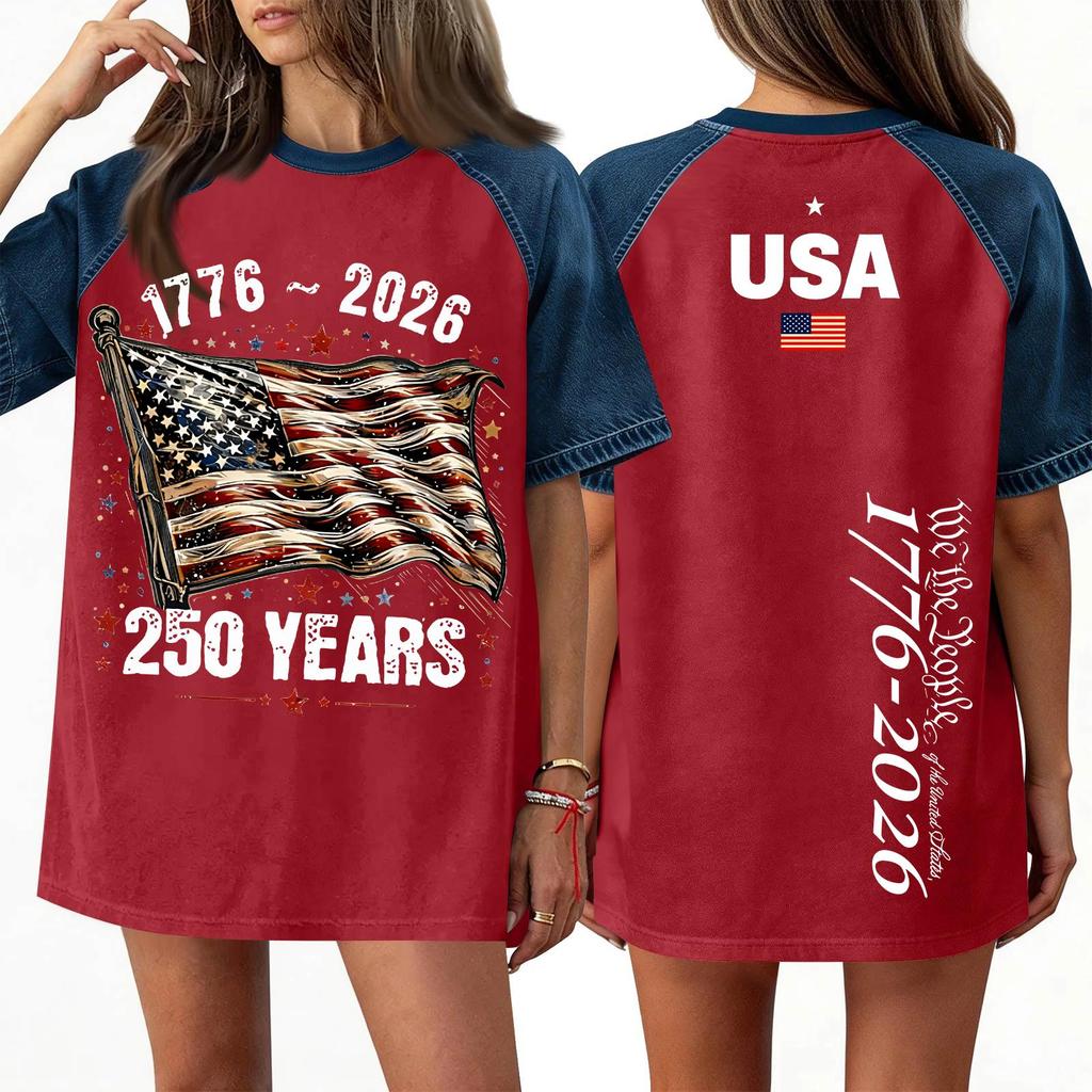 Women's Denim Patchwork Top, Casual Short-sleeved Comfortable T-shirt, Fashionable For Spring And Summer.