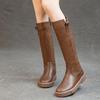 Fashion 4cm Cow Genuine Leather Microfiber High Top Rubber Knee High Booties Women Chimney Autumn Boots Spring Fashion Shoes
