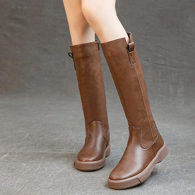 Fashion 4cm Cow Genuine Leather Microfiber High Top Rubber Knee High Booties Women Chimney Autumn Boots Spring Fashion Shoes