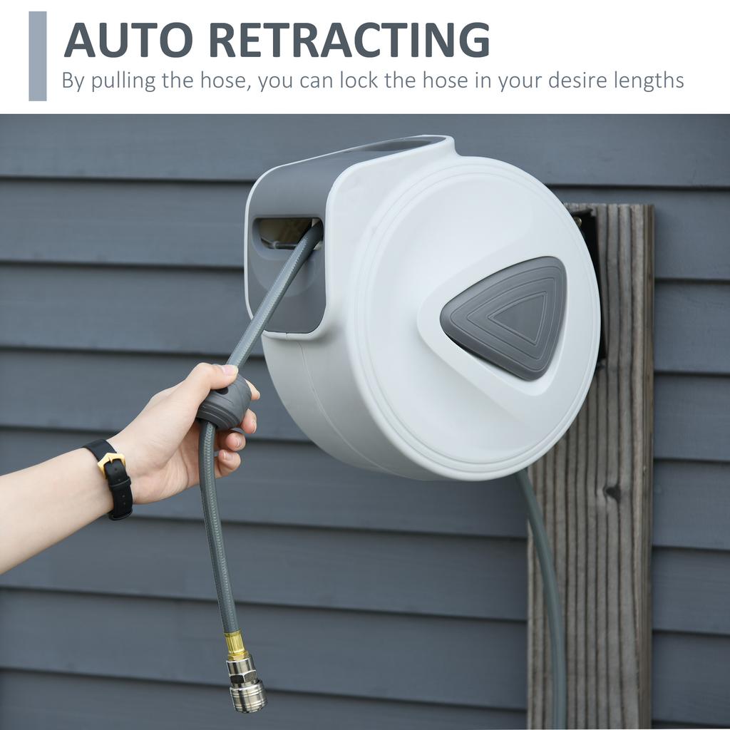 Retractable Air Hose Reel Wall Mount Auto Rewind Hose Reel 15m Plus 140cm Diameter 3 8 Inch 9.5mm Connector 1 4 Inch Bsp Grey