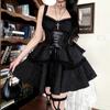 Damen Gothic Dunkles Jacquard-Stoff Doppel-Saum Trägerkleid Spitze Bandage Rock Harajuku Punk Y2K Kostüm