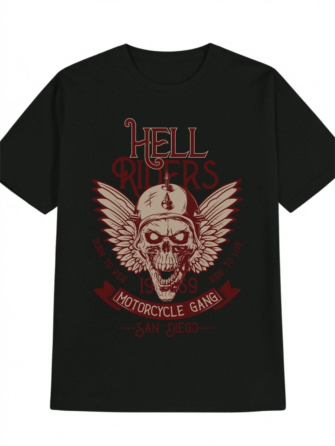 Casual Versatile Round Neck T-shirt with Skull Helmet Print XXXL