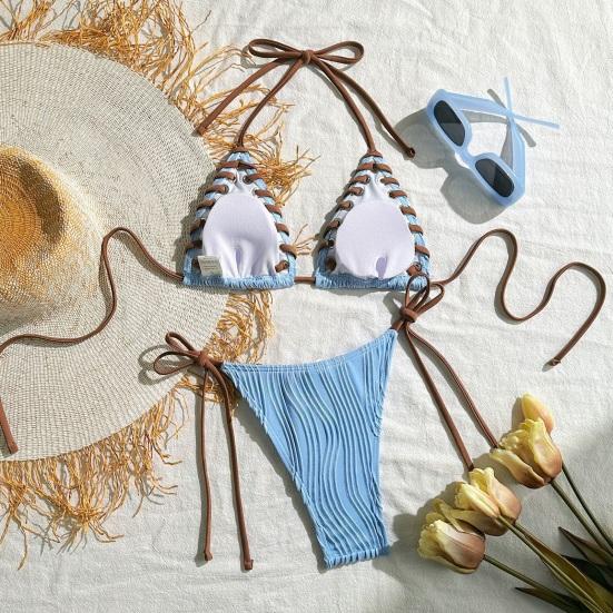Set Bikini da Donna 2 Pezzi Sexy Patchwork di Colore Plissettato Reggiseno Allacciato al Collo Vita Alta Nuoto