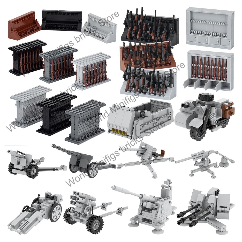 MOC WW2 Waffenziegel Motorrad Haubitze Waffenständer Militärfahrzeug Kompatible Figuren Bausteine Spielzeug Für Kinder Erwachsenen Geschenk