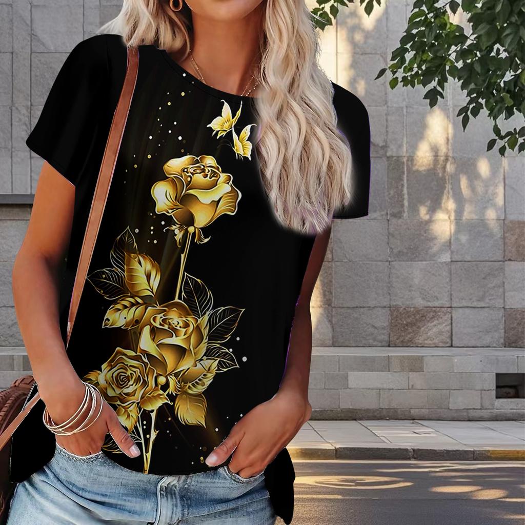 Damski Letni T-shirt z Nadrukiem Róży Retro Moda Krótki Rękaw Koszulki Casualowe Drukowane Topy