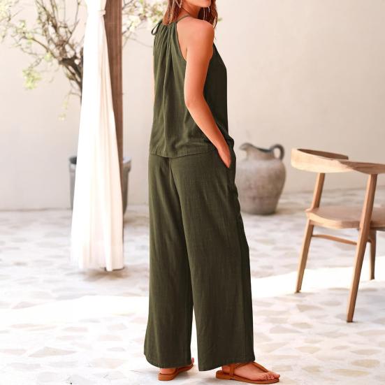 Women's Summer 2-Piece Outfit Casual Sleeveless Halter Top Wide Leg Pants Set Summer Cotton Linen Lounge Suit