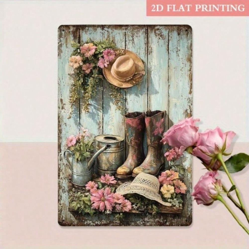 Metal Wall Art 2D Flat Watering Can and Hat Retro Farmhouse Decor for Living Room