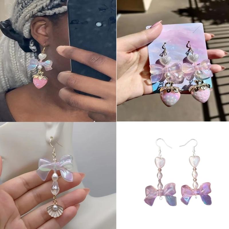Playful Butterfly Bowknot Dangle Earrings Sturdy Alloy Strawberry Designs Accessory for Trendy Girls and Students