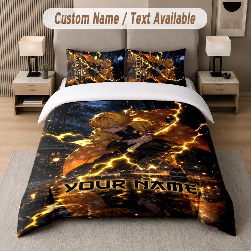 Custom Name Zenitsu Agatsuma 3Pcs Duvet Cover Set Personalized Text Bedding Pillowcases Bedroom
