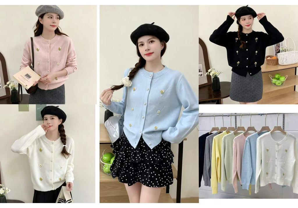 Sweet Floral Knit V-Neck Cardigan - Korean Design for Autumn/Winter