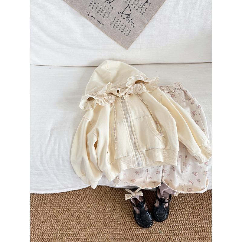 Куртка в корейском стиле для девочек, новая детская осенняя пасторальная милая универсальная шапка с кружевным краем, свитер на молнии 90cm абрикосовый