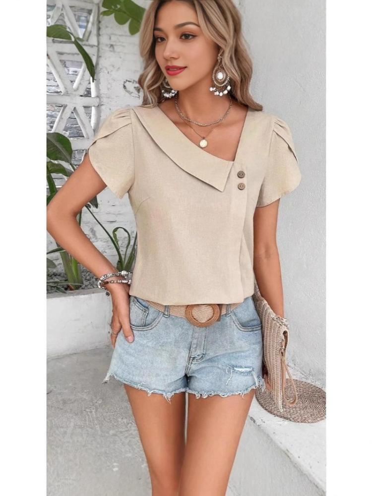 2025 Spring/Summer Women's Amazon Casual Slim-fitting Leisure Knitted Short-sleeved V-neck Top