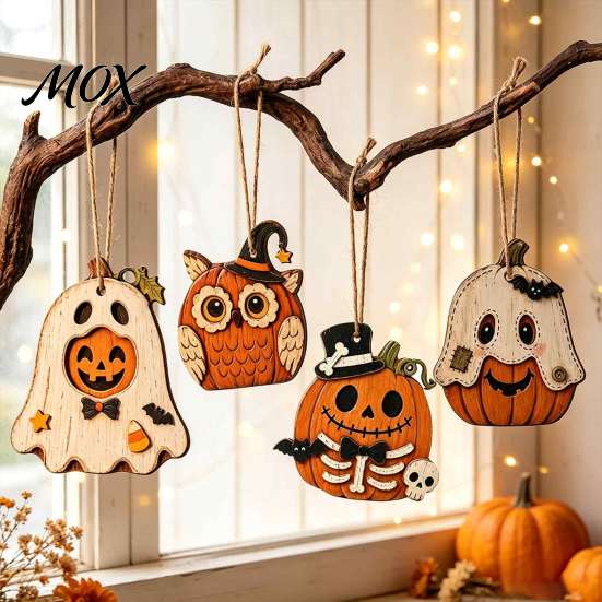 Cute Pumpkin Hanging Decorations Vintage Halloween Wooden Ornaments, Rustic Owl Ghost Farmhouse Seasonal Party Ornaments Tree Decoration with Rope for