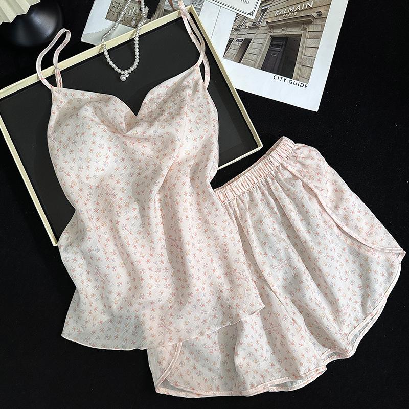 Pink Bow Suspender Ladies Lyocell Pajamas with Chest Pad Sweet Cute Summer Shorts Loungewear Comfortable