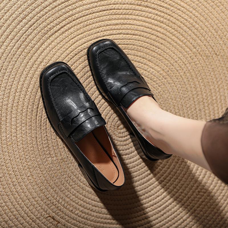 Retro Loafers Myke Skinn Hæler Toveissko Collegestil Små Skinnsko Slip-on Sko for Kvinner Tykke Hæler Høye Hæler