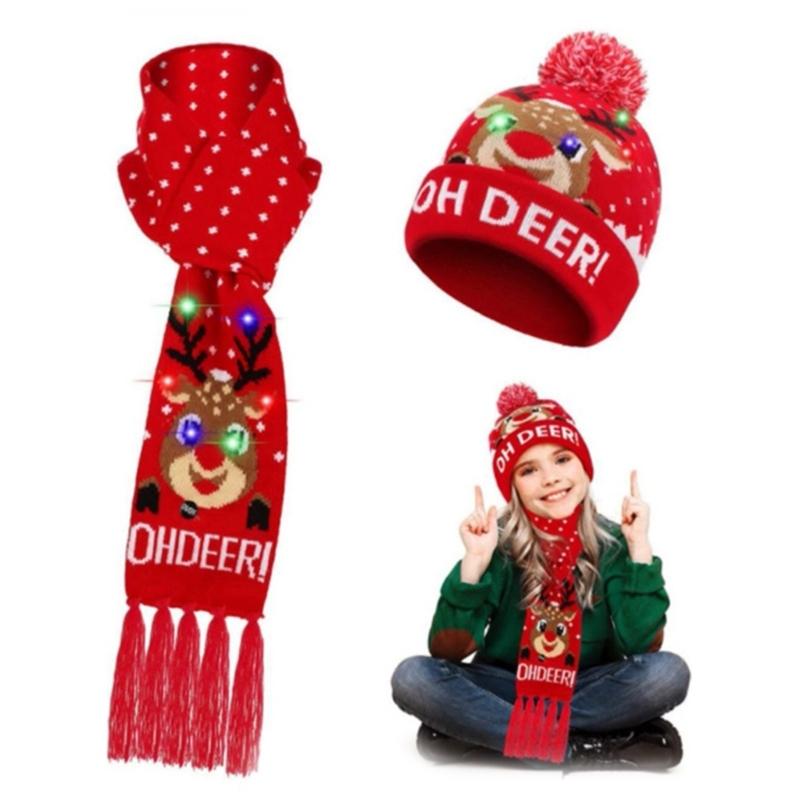 Chapeau Tricoté Chaud de Noël Écharpe à Pompons Bonnet Bébé Chapeau Bonnet avec Pompon et Ensemble Écharpe de Cou pour Enfant 3-10 Ans