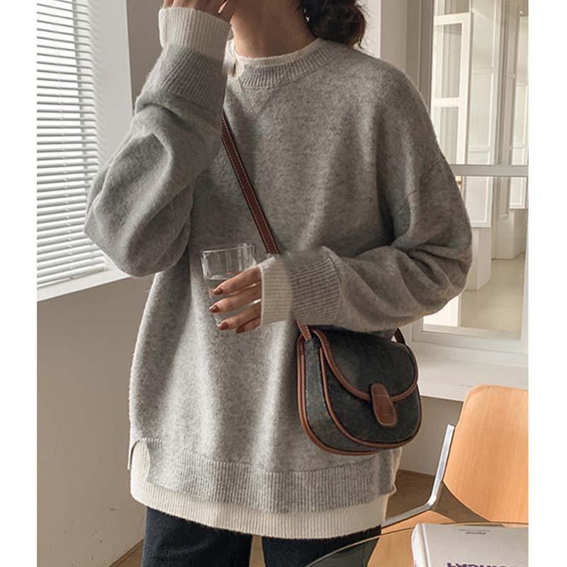 Women Casual Warm O-Neck Soft Knitted Sweater Autumn Winter Long Sleeved Loose Pullovers Fake Two Pieces