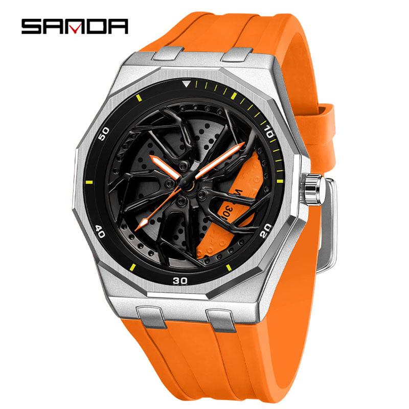 SANDA Men's Waterproof Luminous Polygonal Quartz Watch with 3D Rotating Dial and Silicone Band