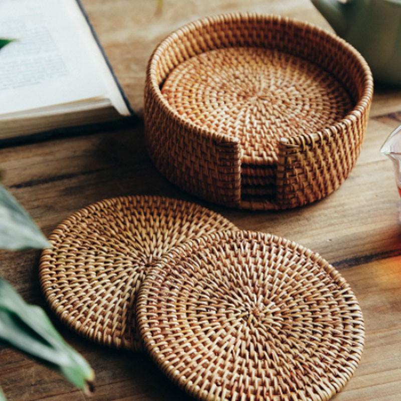 20cm Circular Hollow Rattan Woven Coaster Household Kitchen Table Tea Tray Heat-Resistant Clay Pot Mat -1pcs