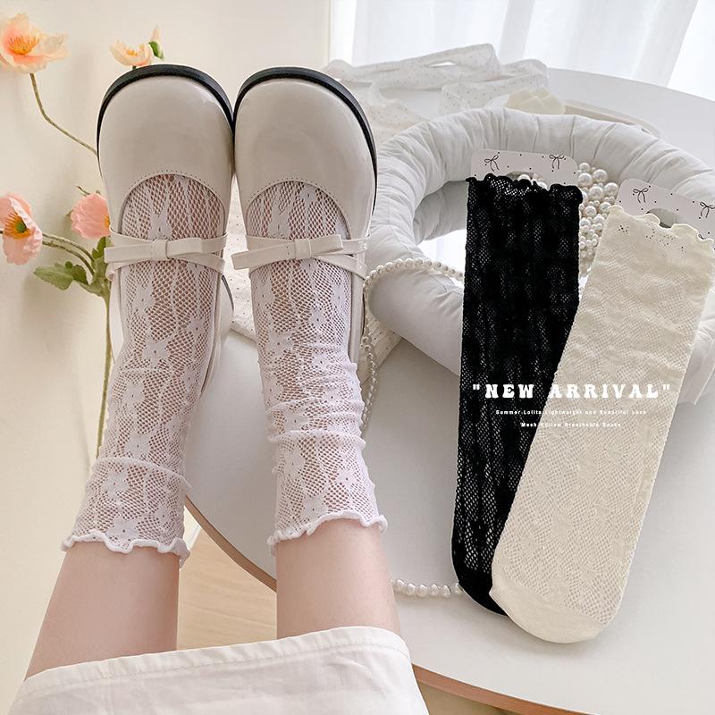 

Spring and Summer Thin Hollowed-out Small Flower Ballet-style Lolita Mid-calf Socks, White Black Ear-rimmed Pile Socks 1 pair чорний