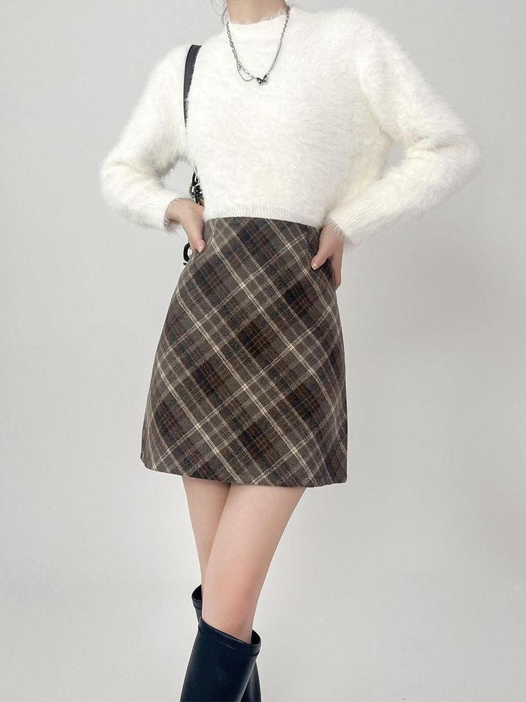 Plus Size Woolen Plaid High Waist A-Line Midi Skirt for Fall/Spring