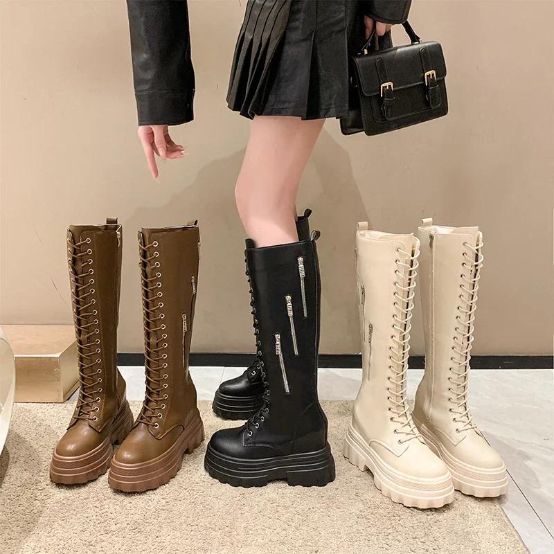 Móda Dámské silné podpatky Motocyklové vysoké boty Nové zimní 11CM robustní jezdecké boty PU kůže Rytířské boty Dámské zipové vysoké boty po koleno Botas