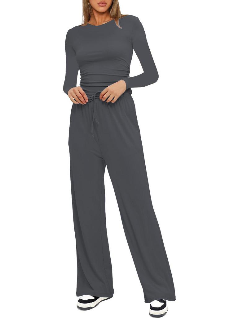Kardashian Style Comfy Wide-Leg Tie-Up Set with Long Sleeves