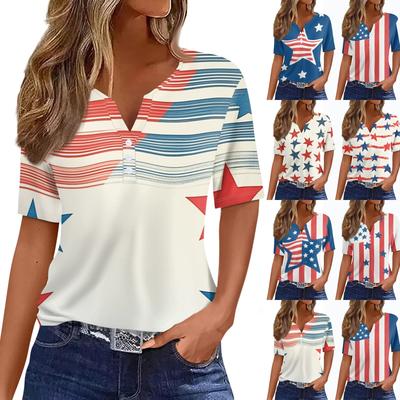 Women's T Shirt Tee Print Button Short Sleeve Daily Weekend Fashion Basic V- Neck Regular Top