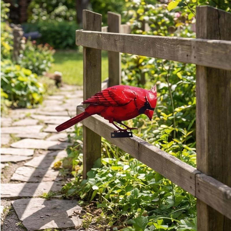 Outdoor Fence Bird Set Iron 5 Piece, Red Bird Figurines for Garden Railings, Flower Rows, Fence Lines and Yard Edges