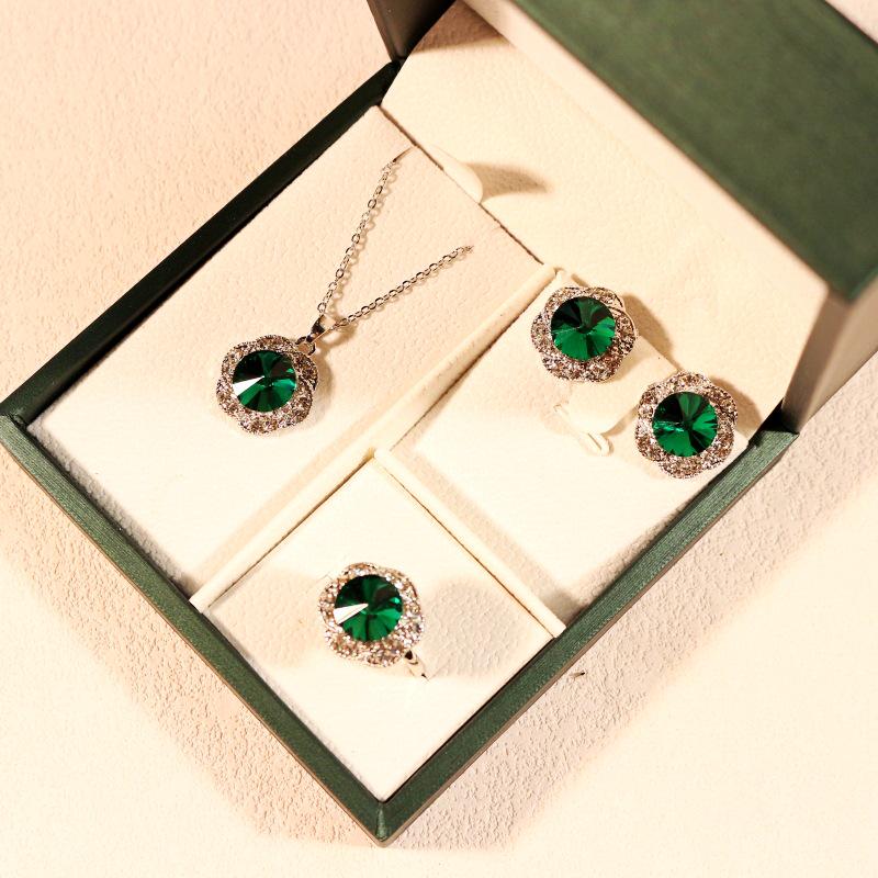 Emerald Flower Jewelry Set: Necklace, Earrings, and Ring In Stock