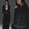 Unisex Schwarz Grau Gestreifter Stehkragen Reißverschluss Kapuzenpullover Übergroß Streetwear Jacke Mit Nieten Patch Detail