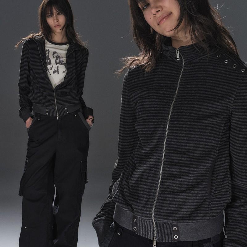 Unisex Schwarz Grau Gestreifter Stehkragen Reißverschluss Kapuzenpullover Übergroß Streetwear Jacke Mit Nieten Patch Detail