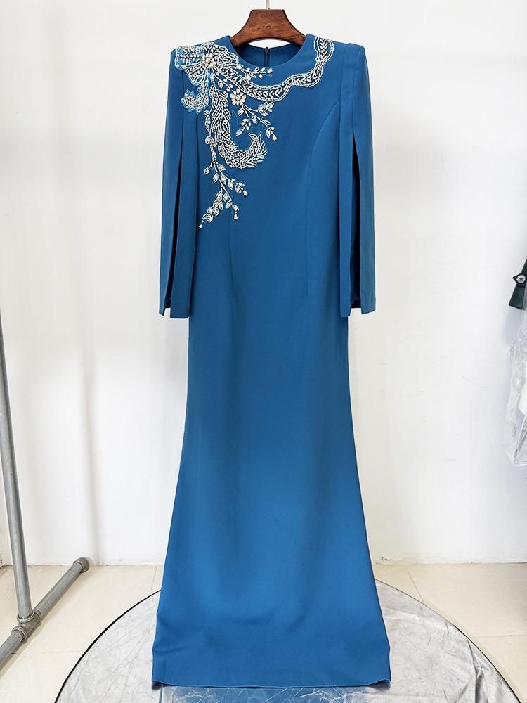 Elegant 2026 European & American Fashion Gown with Slit Sleeves & Beaded Rhinestone Details